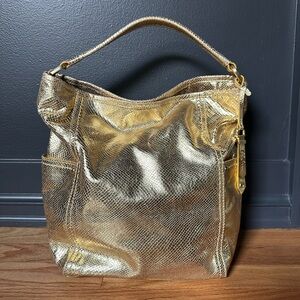 COLE‎ HAAN North South Platino Gold Snakeskin Leather Tote Hobo Bag